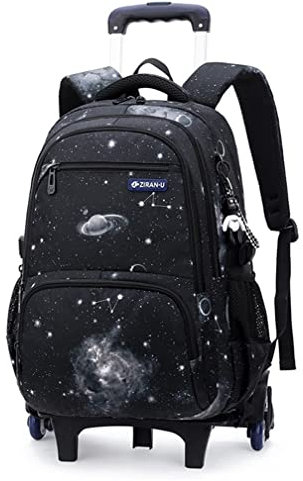 ANSIEDIO Kinder Trolley Rucksack mit Rollen Rolling Schultasche für Mädchen Jungen Schüler Kindergepäck Reisegepäck Laptop Reise Kindertrolley Reisekoffer (Schwarzer Sternenhimmel)