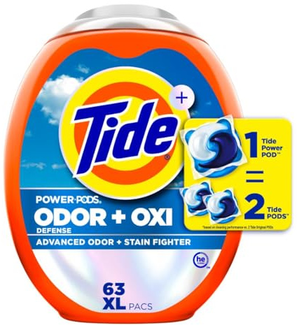 Tide Odor Defense + Oxi Laundry Detergent Pacs, Original Scent, 63 Count, Advanced Odor + Stain Fighter