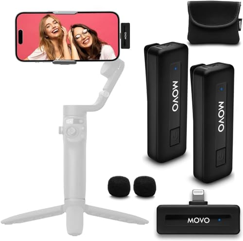 Movo Wireless Mini-Duo Ultrakompaktes Dual Mikrofon für iPhone - Clip-On Lavalier, 10 Std. Akku, 50 m Reichweite, Geräuschunterdrückung, Lightning - für Videoaufnahmen