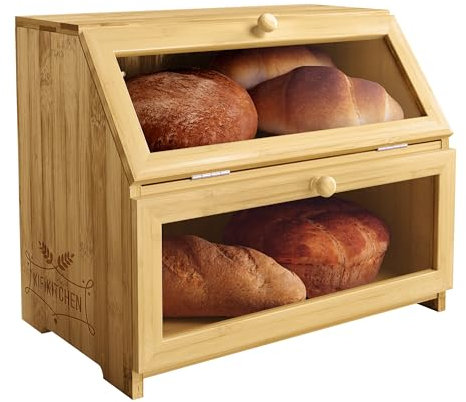 KIFIKITCHEN Bambus-Brotkasten, platzsparend, rustikal, flacher Brotkasten für Arbeitsplatte, zur Aufbewahrung von Brot, Kuchen und Backwaren, 38,1 x 24,9 cm (2 Etagen)