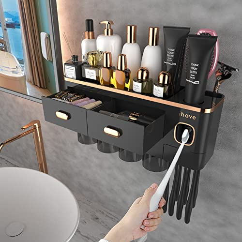 iHave Zahnbürstenhalter Wand mit Zahnpastaspender & Schublade, Multi Toothbrush Holder für Elektrische Zahnbürsten, Große Halterung ohne Bohren, Badezimmer Organizer Set, inkl. 4 Becher, Schwarz Gold