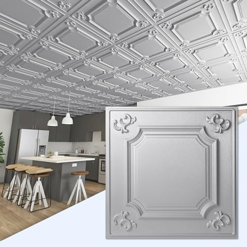 Art3d Lot de 12 dalles de plafond à coller Argenté 61 x 61 cm