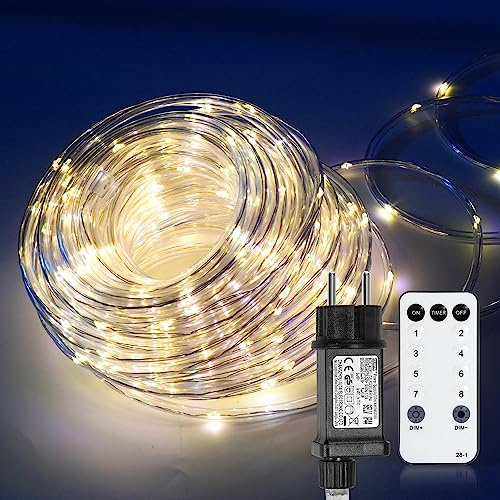Cecaylie Lichterschlauch 30 m 300 LEDs Warmweiß mit Fernbedienung und Timer | PVC-Schlauch Ø7mm, IP65, 360°. 4 Helligkeiten, Memory. Timer 6/18h. Für Garten, Balkon, Party. Inkl. Controller.
