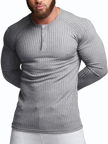 Agilelin Kortärmad skjorta för män, bomull, smal passform, muskelskjortor, casual Henley-skjorta, ribbad t-shirt, 0-långärmad/grå, S
