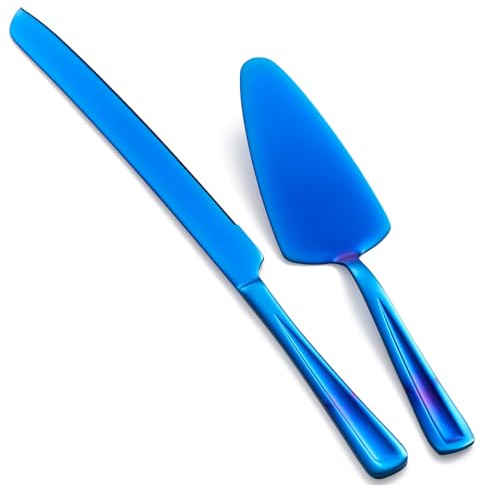 GoGeiLi Blått kakbestick-set, 33 cm rostfritt stål, kakkniv och tårtspade, tårtknivset för bröllop, födelsedag, fester, jubileum