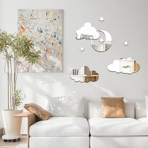 Shackcom 8pcs Miroir Stickers Muraux Miroirs Décoratif Acrylique Adhésif Autocollant Mural Amovible DIY Décoration pour Maison Chambre Salon Décor- Nuages Lune Argent