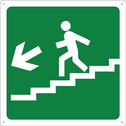 Pubblimania Notausgang Treppe links 20 x 20 cm | Schild aus Aluminium Metall 3 mm dick (Treppe links)