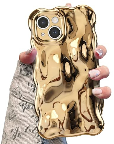 UEEBAI Schutzhülle für iPhone 13, 15,5 cm (6,1 Zoll), niedlich, einfarbig, lockige Wellenform, stoßfest, weich, 3D-Silikon, schmal, ästhetisch, goldfarben