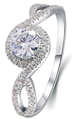 Lieson Verlobungsringe Frauen, Weißgold Ring 585 Damen Elegant Welle 4 Zinken 6.5mm Rund Moissanit 1ct Eheringe Weißgold Große 66 (21.0)