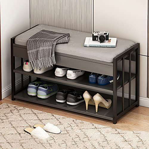 Schuhbank aus Metall, Schuhregal für den Eingangsbereich mit gepolstertem Sitz, gepolsterte Schuhbank, Schuh-Organizer für Wohnzimmer, Flur, Schlafzimmer, Bettbank (60 x 30 x 45 cm, schwarz)