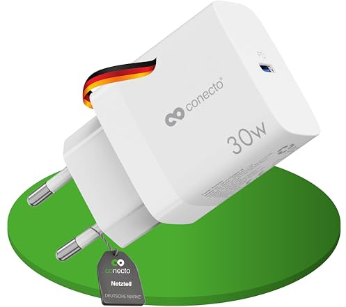 conecto Chargeur USB-C, Alimentation USB, 1x 30 Watt PD Port USB-C, GaN Chargeur Rapide, Chargeur de téléphone Portable, Blanc