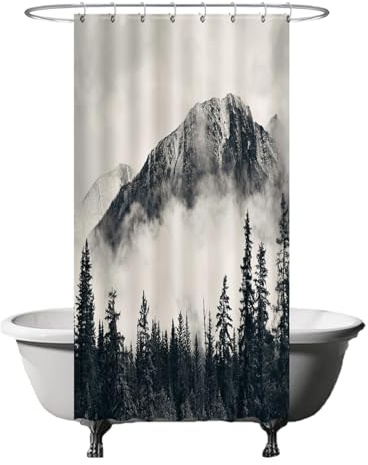 Ulticool Duschvorhang - Berge Natur Nebelwald - 120 x 200 cm – Waschbar – Anti Schimmel - Wasserdicht - mit 8 Ringe - Weiß Grau Schwarz
