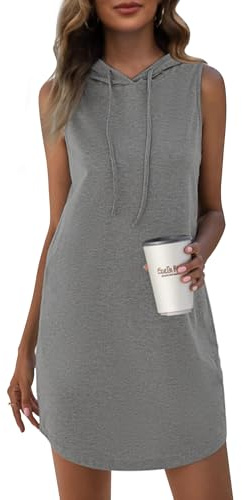 WNEEDU Vestido Mini Sudadera de Verano para Mujer Vestidos sin Mangas con Capucha y cordón Gris M