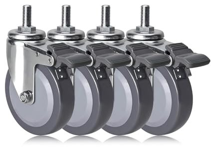 ESOYAWE Vorbau Lenkrollen 4 Stück 63mm 75mm 100mm Transportrollen Möbelrollen, M12 Gewinde Mit Bremse Leise Polyurethanrollen, Für Trolleys, Möbelroller Transportroller, Werkbank Rollen