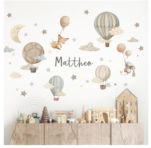 Little Deco Wandtattoo Kinderzimmer Tiere Heißluftballon personalisiert Wandsticker Fuchs Maus Wandaufkleber mit Name Babyzimmer Deko DL5095-04