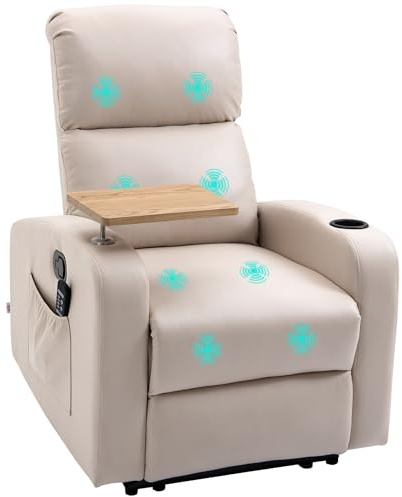 HOMCOM Poltrona Massaggiante Reclinabile Manuale con Poggiapiedi, Poltrona Relax con Portabicchieri, Tavolino Girevole Rimovibile, Telecomando, Tasche Laterali, in Tessuto Traspirante, Max 160kg Beige