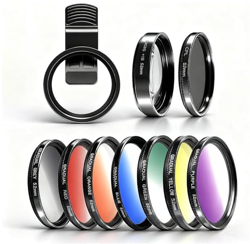10 in 1 Phone Camera Lens Kit, 52mm Clip-on Glass CPL Polarizing Lens for iPhone with 10 x Macro Lens, 7 Color Lens Filters and CPL Filter