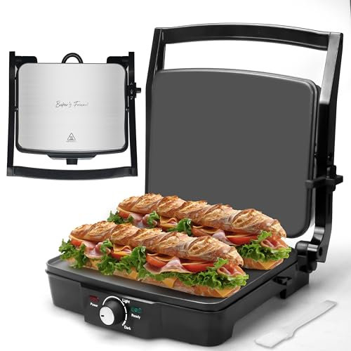 Baker's Friend Panini Press Sandwich Maker, Griddle Press, Electric Griddle Indoor, Panini Maker Cast Iron, Family Gifts for Home, Stainless Steel, Browning Control, 4-Slices, UK Plug