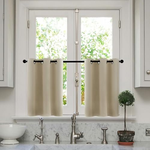 Dsnyu Scheibengardinen Modern Schlafzimmer, Vorhang Küchenfenster Kurz Beige Blau Polyester Bistrogardine Doppelseitig Volltonfarbe 2 Stück B 63.5 x H 91.5cm