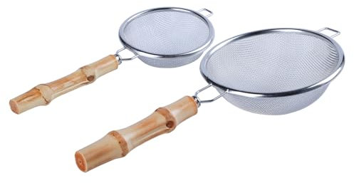 TAOMEINONG Colador de malla fina para té suelto, colador de cóctel y matcha con mango de bambú, colador pequeño de malla fina para café, jugo, harina, leche, paquete de 2