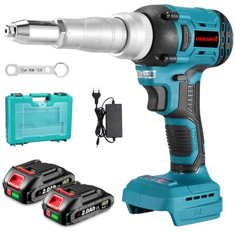 ONEVAN rivettatrice a batteria, lunghezza corsa 20 mm, 20.000 N pistola per rivetti senza fili con 2 batterie da 2000 mAh, Brushless rivettatrice elettrica automatica per rivetti ciechi Ø2,4-5,0 mm