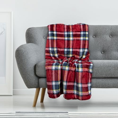 Sono a casa - Morbidissimo Plaid in Microfibra di Alta Qualità - 130 x 160 cm - Caldo e Avvolgente per Tutto l'Anno - Perfetta per Divano e Letto (Scozzese Rosso)