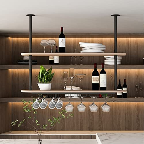 SZITW Porta Bicchieri da Vino sospeso - Mensola da soffitto, Portabottiglie da soffitto a 2 Livelli, Portavasi in Ferro battuto in Legno massello/Portabicchieri da Vino, Espositore da Cucina retrò