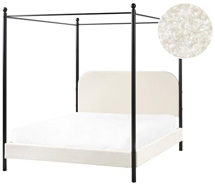 Beliani Himmelbett Metall Bouclé cremeweiß mit Lattenrost 140x200 cm modern Dannemois