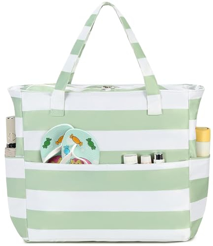 Ayicheyl Bolsa Playa Grande, Bolso Playa Impermeable con Cremallera, Bolsa Piscina Mujer Hombro, Beach Bag Plegable Uso para Piscina, Gimnasio, Viajes, 36L (Verde)