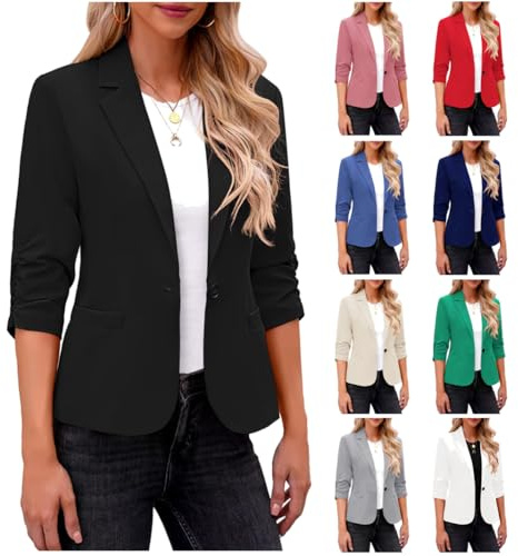 Dyhxuan Blazer Damen Schwarz Elegant 3/4 Arm Blazer Jacke Casual Sportlich Reverskragen Anzug Vorne Offener Anzugjacke Trenchcoat Business Jacket fürs Büro