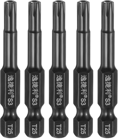 sourcing map 5pcs T25 Security Torx Head Screwdriver Bit 1/4 Hex Shank 2 (50mm) Long Magnetic Tamper Proof 6 Point Star Screw Driver Drill Bit S3 Steel Mirror Polished Power Tool with Hole
