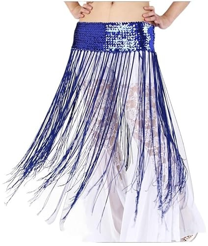 Skdvy Bauchtanz Hüftschal,Bauchtanz Hüfttuch aus Chiffon Bauchtanzkostüme Gürtel Gürtel Elastische Kraft Pailletten Lange Quaste Bauchtanz Hüftschal for Frauen Bauch Tanzgürtel(Blue)