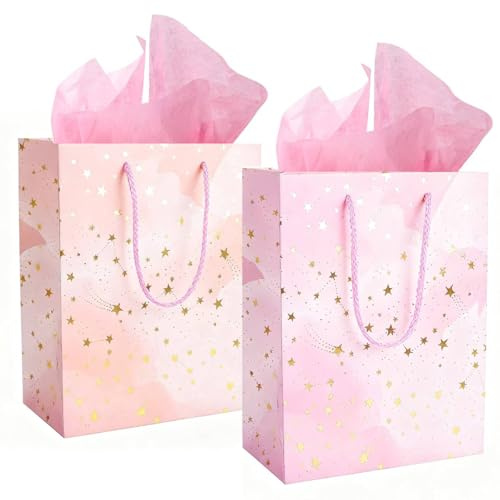 MtnLaur 2Pcs Gift Bag, Paper Party Bag with 2 Pcs Tissue Paper, Birthday Gift Bag, Wrapping Gift Bags with handles, Small Size Present Bag for Birthday Kids Wedding Baby Shower Christams (Type 1)