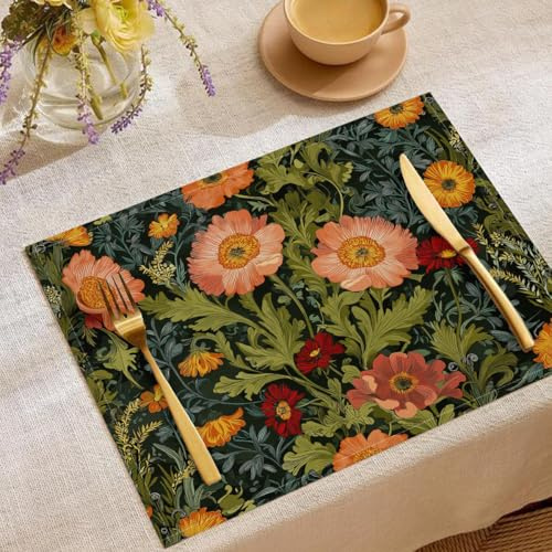 Set Di 6 Tovagliette Lavabili Giardino Delle Margherite Tovaglietta Con Arte Vintage Resistenti Al Calore, Sottopiatti Blu Navy Facile Pulizia Antiscivolo Per Tavolo Da Cucina, 45X30Cm