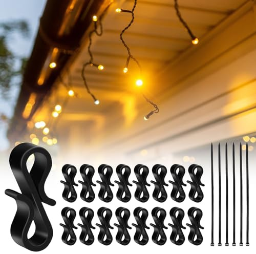 Comioke 120 Stück Schwarz Dachrinnenhaken Draußen, Wiederverwendbare S Haken Kunststoff für Hängende Weihnachtsbeleuchtung, Eiszapfen Lichterkette, Weihnachtsbaum Dekorationen