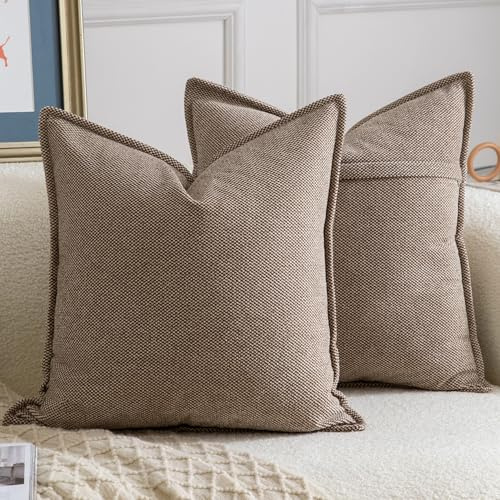 Madizz 2er Set Chenille Dekorativ Braun Kissenbezüge Weiche neutrale Wurfkissen für Sofa Boho Akzent Zierkissenbezüge für Schlafzimmer Wohnzimmer Modernes Zuhause Dekor 65x65 cm