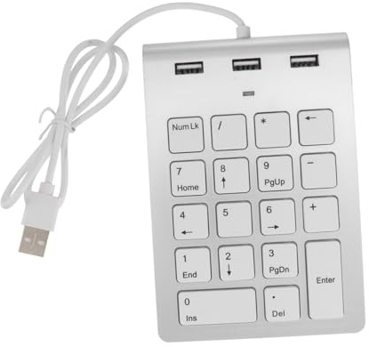 ROMISBABA USB Zinklegierung Numerisches Keypad mit Tasten Kabelgebunden Integrierter Port USB Hub Kompatibel mit Laptop und Desktop PC Silberfarben Plug Play