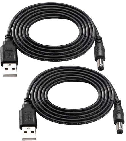 KUOQIY 2 Pezzi 1m 22AWG Cavo USB a DC 5V, Cavo di Alimentazione da USB a Jack a Cilindro da 5.5x2.1 mm 5 Volt DC, per Strisce Luminose a LED, Piccole Lampade da Scrivania, Piccoli Ventilatori, Nero