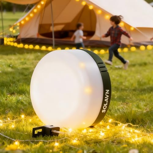 SOLAVN Guirlande lumineuse de camping rechargeable de 10 m, guirlande chaude 100 LED + lanterne 50 LED + 1 XTE d'urgence, charge rapide USB-C, magnétique et crochet, étanche pour tente d'extérieur