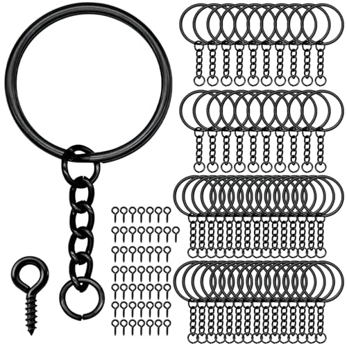 qjuwhua Schlüsselringe mit Kette 50 Set 25mm Schlüsselanhänger Rohlinge Selber Machen Basteln Schlüsselanhänger Ringe Kleine Keychain 25mm Metall Schwarz für Schlüssel DIY Anhänger Schmuckherstellung