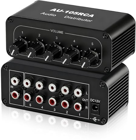 AtNeDcVh 5-Way RCA 1 in 5 Out Stereo Audio Splitter Box, Audio Distribution Amplifier RCA Signal Distributor for Speakers Headphones Amps - with Volume Control - Gain 6dB Boost
