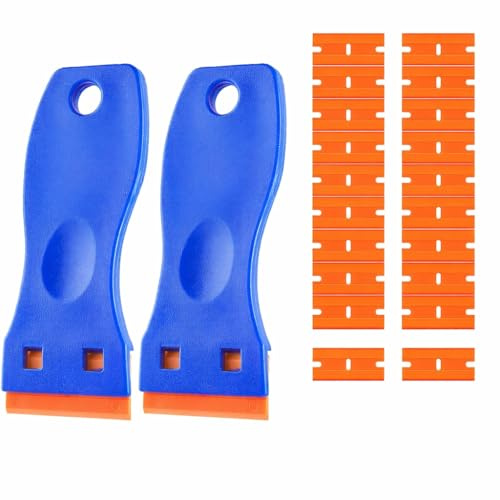 2 Pcs Plastic Scraper Tool Non Scratch with 20 Plastic Blades, Glass Scraper Blades for Removing Glue Stickers Decals Labels & Adhesive Residue from Glass Windows Car