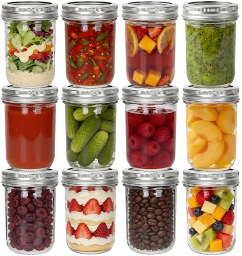 Yishik Wide Mouth Mason Jar 8 oz, 12 Pack Clear Glass Jars with Lids | Airtight Canning Jars for Food Preservation, Pickling, Jam and Spice Storage