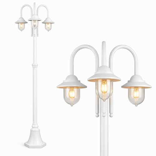 Dopa Lampione da giardino esterno (3 luci E27) con lanterna classica stile moderno, lampioni IP54 elegante palo luce Lampada esterni policarbonato 210 cm max 60W (Bianco)