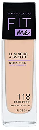 Maybelline New York Fit Me! Make-Up, Foundation with SPF18, For Flawless Skin, All Skin Types, No. 118 Light Beige, 30 ml