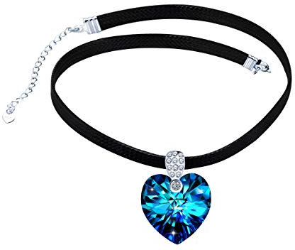 Yumilok Frauen Damen Mädchen Choker Kette 925 Sterling Silber Halskette Herz des Ozeans Blau Kristall Zirkonia Anhänger