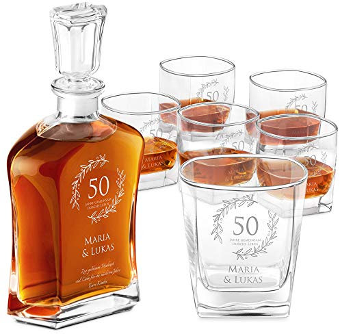Maverton Whiskey Karaffe Set + 6 Gläser - mit Gravur - Whisky Dekanter - 700ml - Geschenk zur Hochzeit - Zusammen