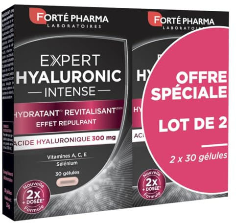 Forté Pharma - Expert Hyaluronic Intense | Nahrungsergänzungsmittel für Haut auf Basis von Hyaluronsäure – feuchtigkeitsspendend und füllend | 2 x 30 Kapseln