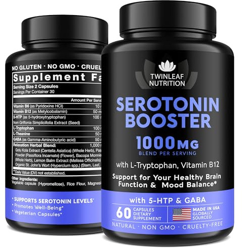 Natural Serotonin Supplement - Made in USA Manganese Serotonin & Cortisol Manager - Serotonin Booster Vitamin Supplement for Women with 5-HTP Vitamin B6 B12 GABA L Theanine L Tryptophan - 60 Capsules