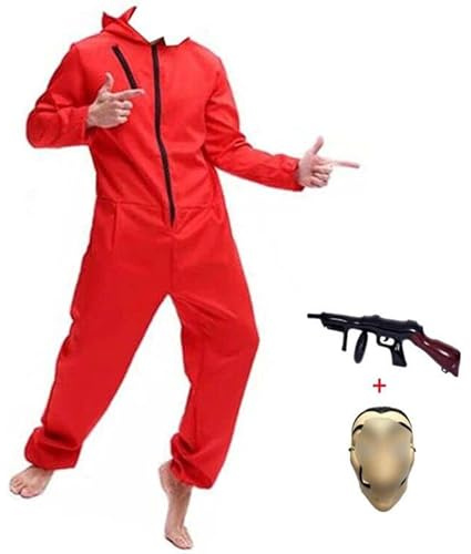Yigoo - Costume di Halloween per partner, uomo e donna, rapinatore di banca, carnevale, costume da cosplay, tuta con maschera e pistola giocattolo per adulti, rosso, taglia S